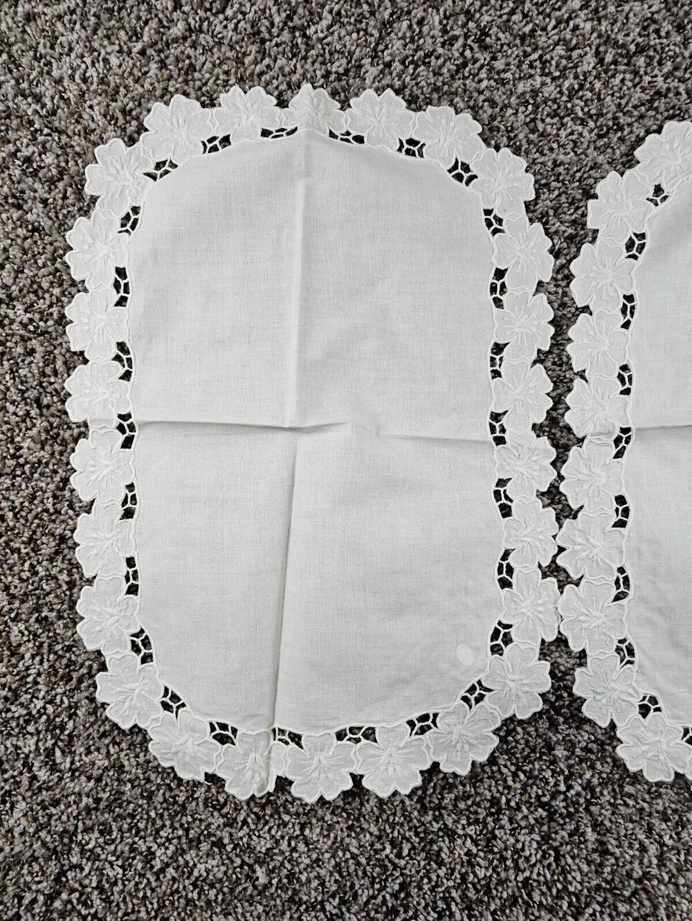 Set of 2 Vintage white cotton dresser scarves w/ cutwork embroidery Cottagecore